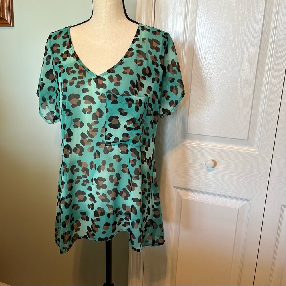 Show Me Your MuMu Womens Size Small Teal Leopard Cheetah Short Sleeve Top Sheer